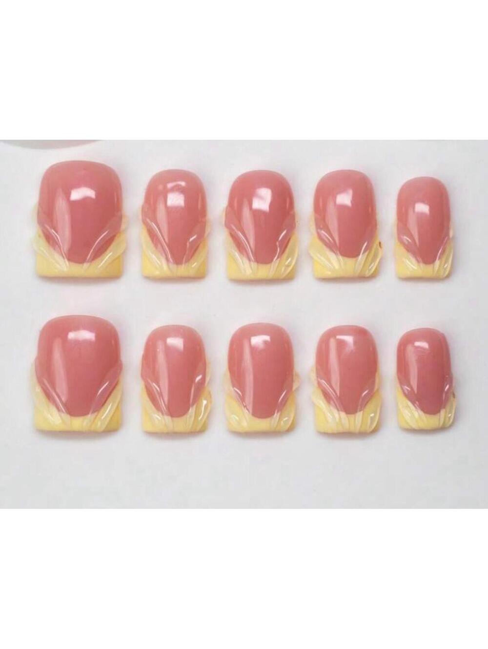 Extra short square Press on nails yellow French tips nude handmade custom 3d gel